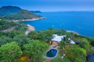 Aerial view of Kariba Safari Lodge offering accommodation to travellers on a Kariba Cruise and Mana Pools Tour